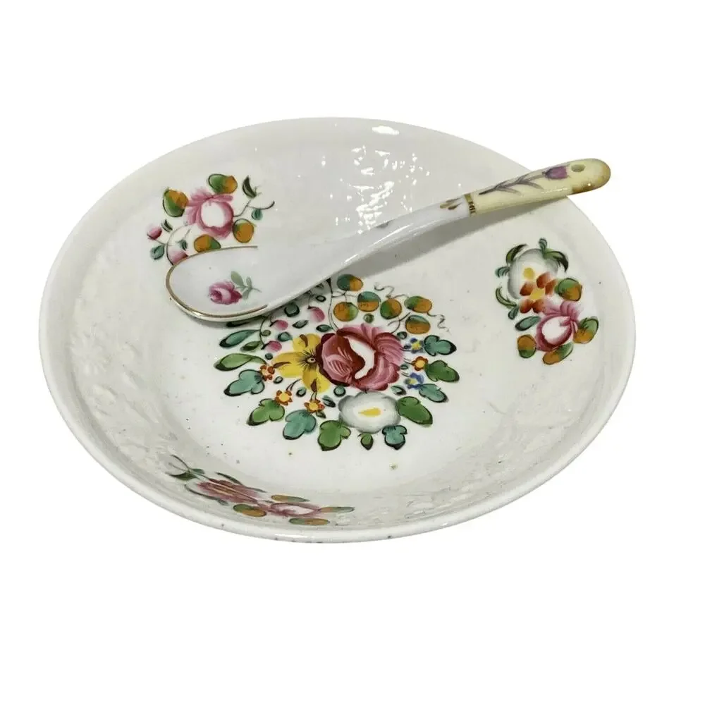 Hand painted white ceramic sauce bowl & spoon mayo dip dish condiment server